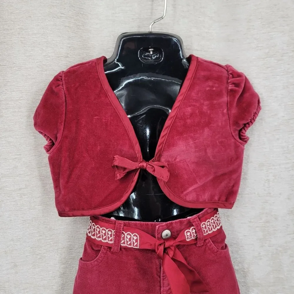 Y2K Old Navy 2 Piece Red Velvet Set with Tie Front Bolero Top Flared Pants